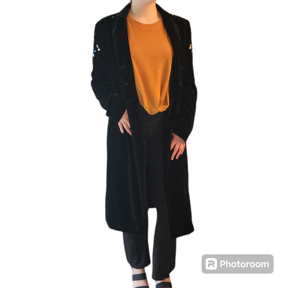 Vintage Newport News Black Embellished Shoulders Velvet Button Duster Jacket 10 - Picture 5 of 10